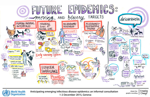 Future targets session - Preventing the spread of disease in a global village - World Health Organization graphic recording emerging infectious disease epidemics sam bradd graphic recording 