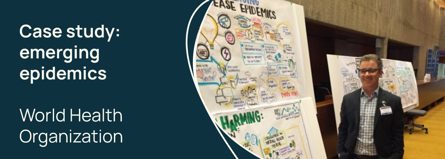image of Sam Bradd in the World Health Organization building graphic recording about emerging epidemics