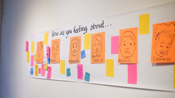 stina brown set up a visual spectrum about how are you feeling, using faces and illustrations on the wall 