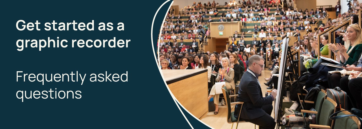 Get started as a graphic recorder featuring a photo of sam bradd graphic recording in London England in a full auditorium at the WLGH forum