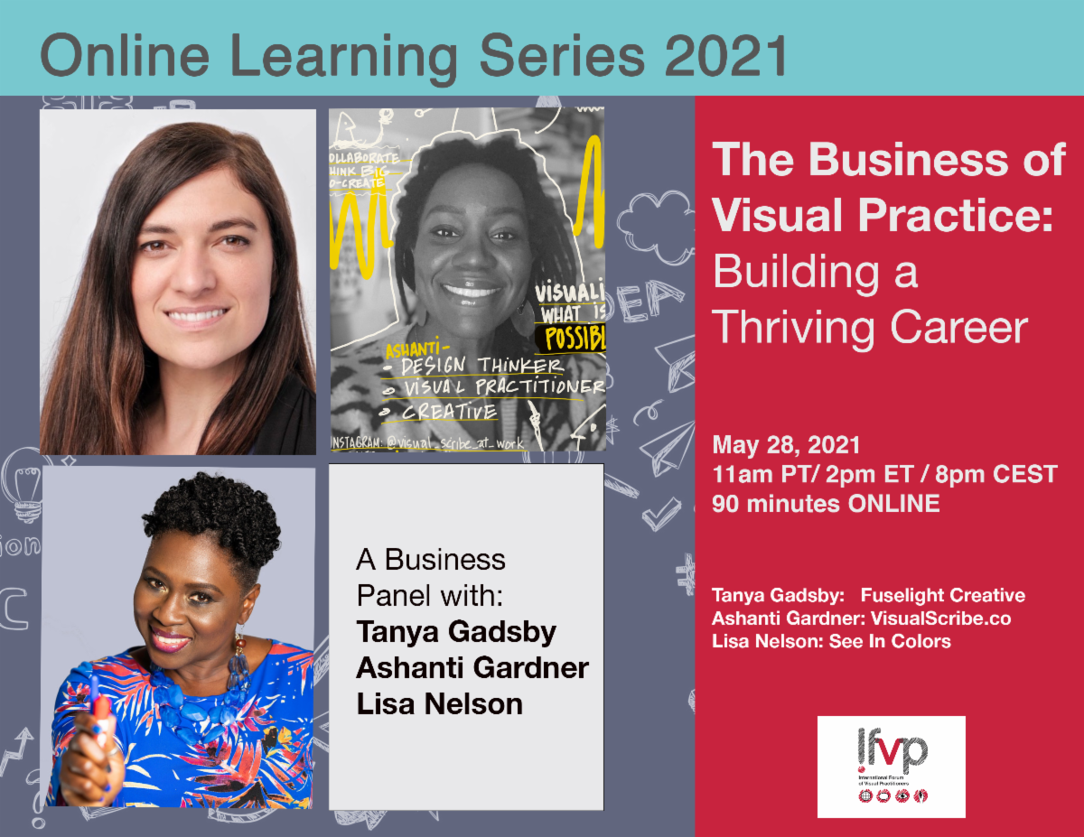 promotional image for an IFVP.org panel called the Business of Visual Practice, building a thriving career, moderated by Sam Bradd, featuring Tanya Gadsby, Ashanti Gardner and Lisa Nelson