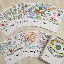 printed keepsakes of calendars with each page being a graphic recording highlight for this organization