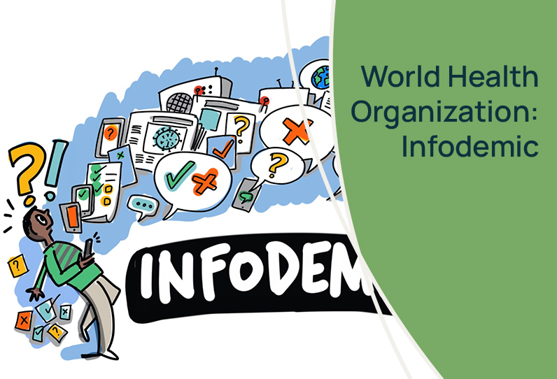An illustration of a man leaning backwards with ?! over his head, looking confused by an overload of information. The text beside him reads, World Health Organization: Infordemic