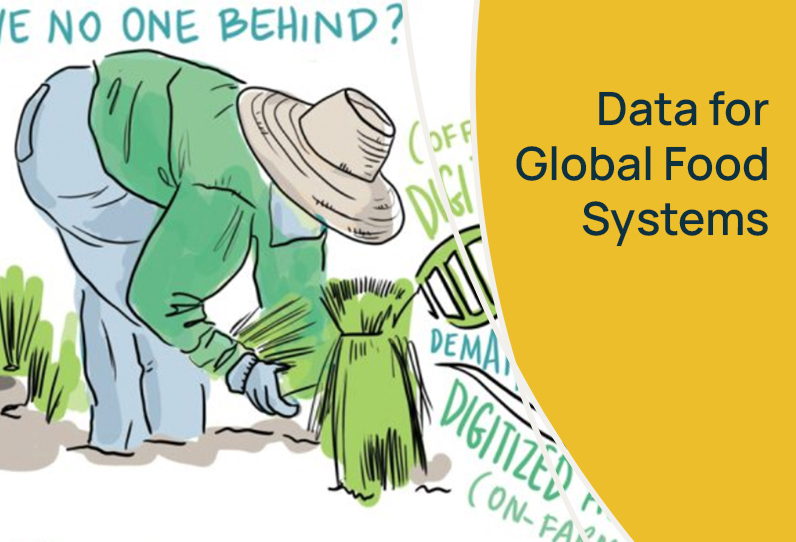 A person wearing a green shirt and large brimmed hat covering their face, leans over to tend to a plant in a garden. The text reads, Data for global food systems