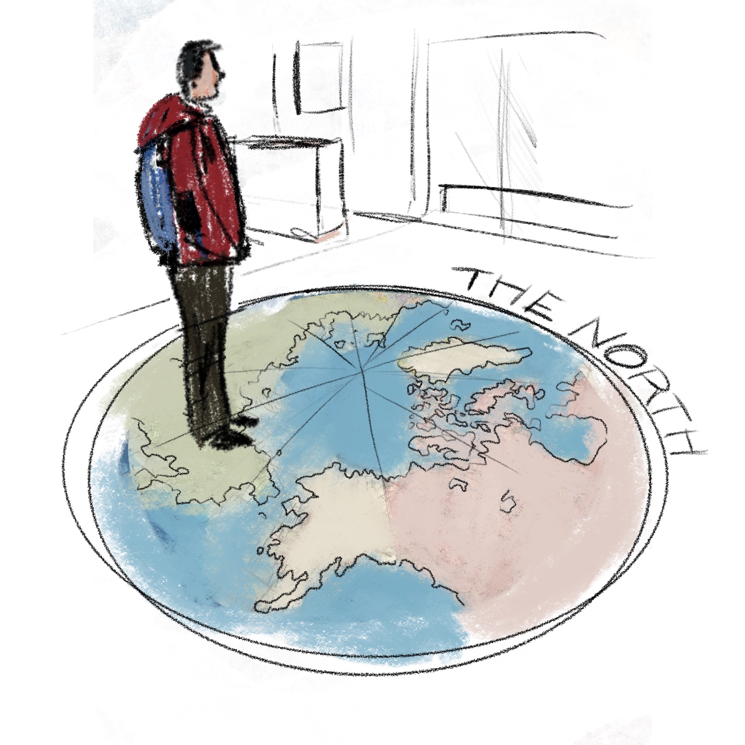 a person standing on a circumpolar map painted on the floor of the yellowknife airport