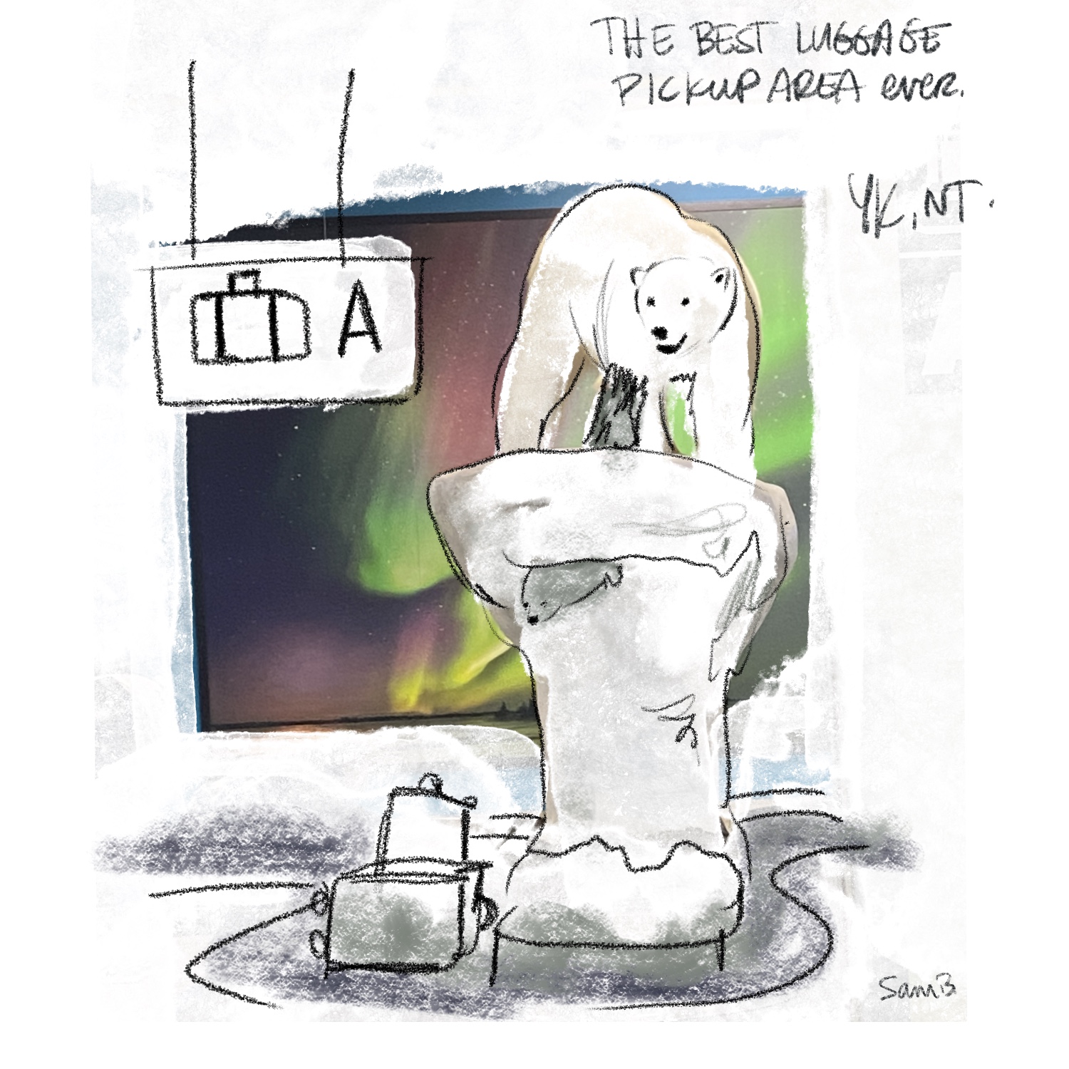 The giant polar bear that greets you at the YK airport supervises the baggage claim