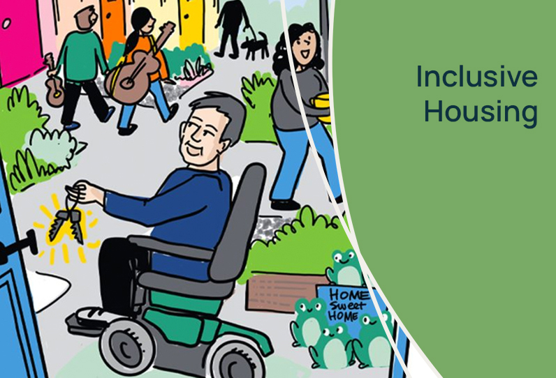 A man sitting in a wheelchair holding keys to a door while looking happy. The text reads, Inclusive housing
